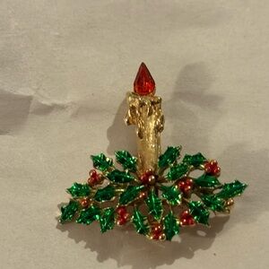 Vintage JJ Christmas Festive Gold and Green Candle Brooch